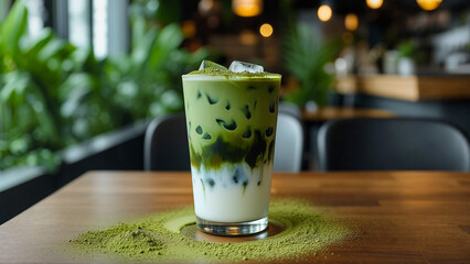 牛乳で割った抹茶のアイスドリンク