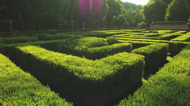 Lush green hedge maze surrounded by trees in a serene garden landscape with sunlight filtering through