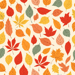 Obraz premium Seamless fall pattern with colorful hand-drawn leaves in orange, red, yellow, and green on a light background. Perfect for autumn-themed designs