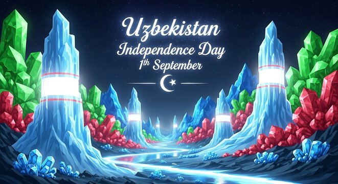 Uzbekistan Independence Day: Glowing Crystal Peaks & Celestial River - Powered by Adobe