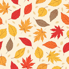 Seamless fall pattern with colorful hand-drawn leaves in orange, red, yellow, and green on a light background. Perfect for autumn-themed designs