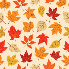 Seamless fall pattern with colorful hand-drawn leaves in orange, red, yellow, and green on a light background. Perfect for autumn-themed designs