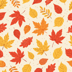 Seamless fall pattern with colorful hand-drawn leaves in orange, red, yellow, and green on a light background. Perfect for autumn-themed designs