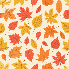 Obraz premium Seamless fall pattern with colorful hand-drawn leaves in orange, red, yellow, and green on a light background. Perfect for autumn-themed designs