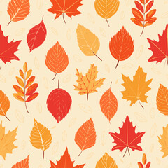 Seamless fall pattern with colorful hand-drawn leaves in orange, red, yellow, and green on a light background. Perfect for autumn-themed designs