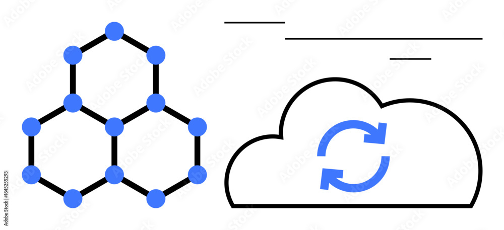 Aufkleber molecule-inspired network with connected nodes adjacent to cloud featuring synchronization arrows. i