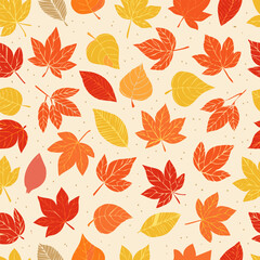 Seamless fall pattern with colorful hand-drawn leaves in orange, red, yellow, and green on a light background. Perfect for autumn-themed designs