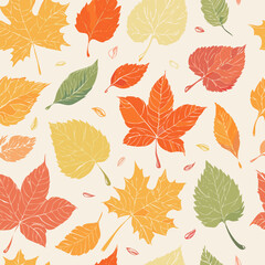Seamless fall pattern with colorful hand-drawn leaves in orange, red, yellow, and green on a light background. Perfect for autumn-themed designs