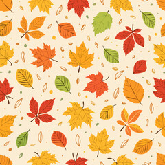 Seamless fall pattern with colorful hand-drawn leaves in orange, red, yellow, and green on a light background. Perfect for autumn-themed designs