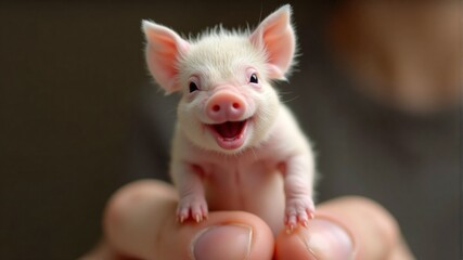 Smiling Piglet Close-up of a happy baby pig in hand