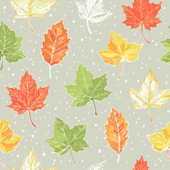 Seamless fall pattern with colorful hand-drawn leaves in orange, red, yellow, and green on a light background. Perfect for autumn-themed designs