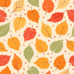 Seamless fall pattern with colorful hand-drawn leaves in orange, red, yellow, and green on a light background. Perfect for autumn-themed designs