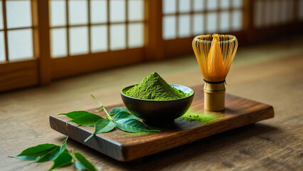 障子と木製トレイに置かれた抹茶粉と茶筅（ちゃせん）のアップ画像 - 和の伝統、茶道、健康食品、ライフスタイルのイメージ素材に