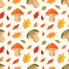 Seamless autumn pattern with colorful mushrooms and leaves in warm earthy tones. Perfect for fall-themed backgrounds and fabric prints
