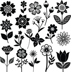 Black and White Flower Clipart Set, Floral Vector Graphics, Botanical Illustration, Flower Designs