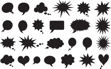 Collection of Simple Speech Bubbles - Set of various black speech bubble silhouettes isolated Hand drawn grunge texture speech bubbles collection. Illustration on transparent background