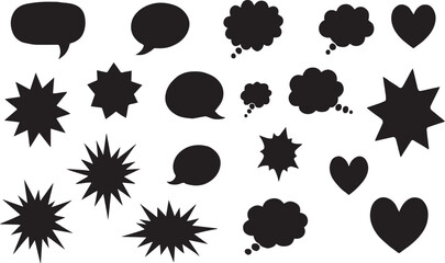 Black Comic Speech Bubble Shapes Vector Set – Thought, Talk, Burst, Heart Icons Silhouette Hand-Drawn Black Speech Bubbles & Grunge Graphic Shapes –Vector illustration, on transparent background.