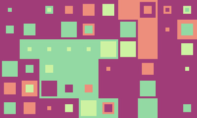 Abstract geometric artwork featuring pastel squares on a deep purple background.  Ideal for modern design projects, presentations, and website backgrounds.