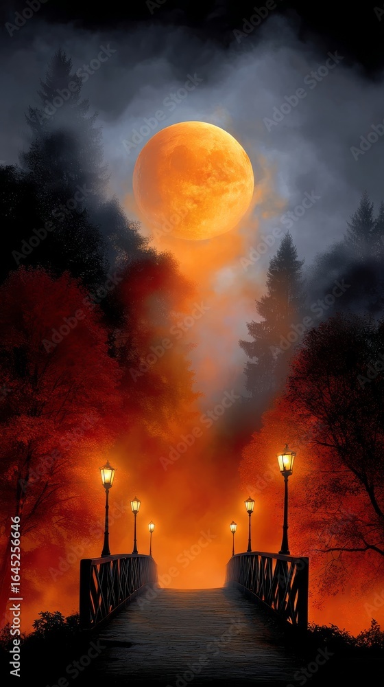 Poster haunted bridge illuminated by lanterns beneath a large full moon in a dark misty forest