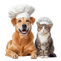 A cheerful dog and a cat wearing white chef hats and sitting together on transparent background. Culinary-themed projects, pet branding, greeting cards, or social media content