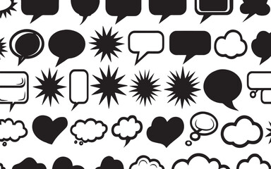 Hand-Drawn Black Speech Bubble Collection – Grunge Texture Thought Bubbles Vector Set on Transparent Background.