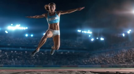 Female athlete performs a long jump at an illuminated stadium event showcasing strength, skill, and competitive spirit in a grand athletic setting, concept of sports excellence.