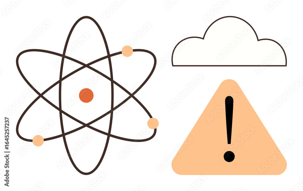 Poster atomic model with orbiting particles, minimalistic cloud, and triangle with exclamation pointing to 