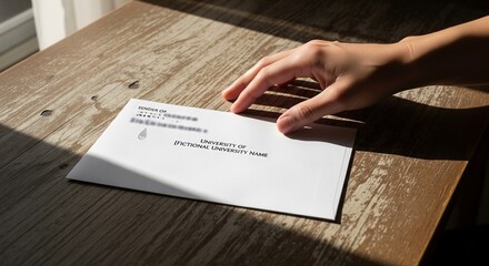 A hand reaches for a university admissions envelope on a wooden desk, with a dark stain on the front.