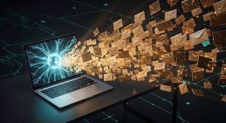 Futuristic concept of AI-driven email marketing, showing a massive stream of emails flowing from a laptop with a neural network on screen.