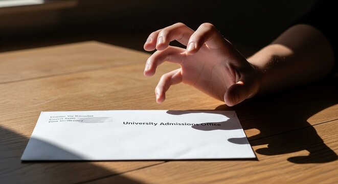 A hand reaches for a university admissions envelope on a wooden desk, with a dark stain on the front.