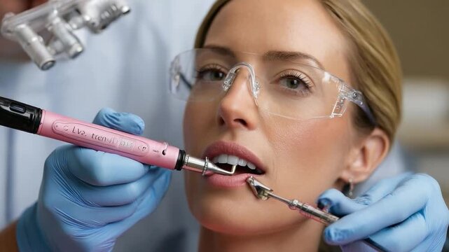 Dental Procedure in Progress: A detailed view of a dental procedure, showcasing a close-up shot of a patient undergoing treatment. The scene is captured with utmost precision.