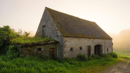 Fototapeta premium Old Stone Barn Bathed in Golden Morning Light Surrounded by Lush Greenery