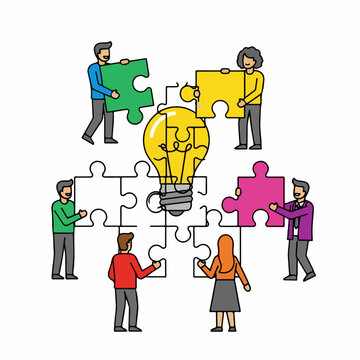Team collaboratively builds bright idea, assembling puzzle pieces around illuminated lightbulb for innovation