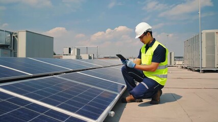 Male technician in bright safety gear is inspecting solar panels on a rooftop, showcasing renewable energy technology and commitment to sustainability and environmental responsibility