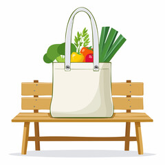 Brown grocery bag filled with food items like vegetables and water bottle, flat style on white background. Concept of healthy food shopping. Vector illustration 3