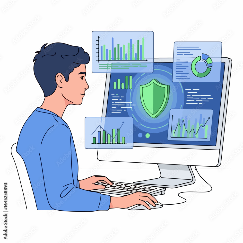 Poster young professional analyzes data dashboards and security shield on computer screen for tech innovati