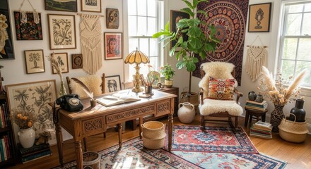 Cozy bohemian home office with vintage wooden desk and artistic wall decor in a sunlit room.