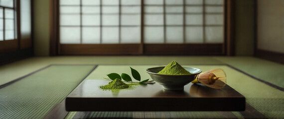 和室の畳に置かれた抹茶と茶筅（ちゃせん）の静物写真 - 茶道、和菓子、健康食品、日本文化のイメージ素材に