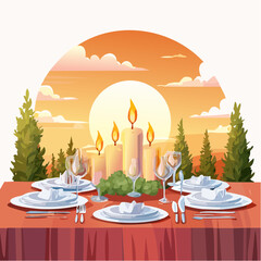 Cornucopia decorated with traditional thanksgiving dinners table concept vector icon design thanks
1