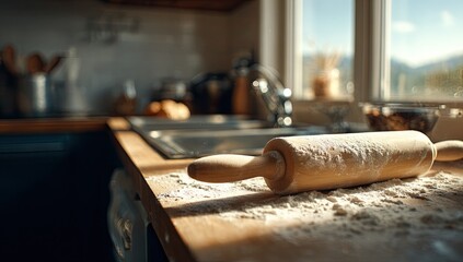 Wooden rolling pin dusted with flour on a sunlit kitchen counter