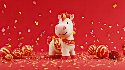 Cute cartoon horse figurine with Chinese New Year decorations on festive red background with confetti