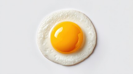 Fried egg with bright yellow yolk and cooked egg white on plain white background top view