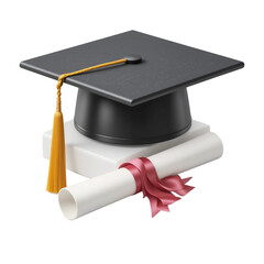3D Graduation Cap with Diploma & Ribbon - Icon Representing Academic Success, Graduation, and Formal Certification. Perfect for University, College, and Educational-Themed Designs.