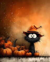 Black cat with pumpkins in Halloween background for spooky greeting