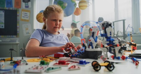 Elementary School Girl Sitting at the Desk, Examining Model of Innovative Robotic Arm. Smart Young...