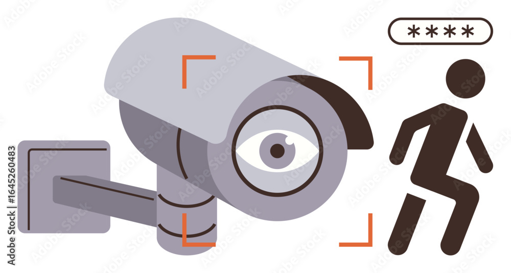 Aufkleber security camera focusing on a moving figure with lens-eye symbol and alert indicator. ideal for priv