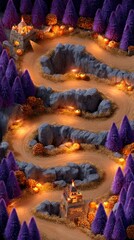 Fototapeta premium Aerial View of a Halloween Themed Game Map Featuring Winding Paths, Spooky Mountains, and Glowing Jack-O'-Lanterns