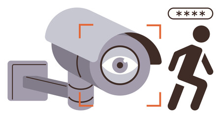 Security camera focusing on a moving figure with lens-eye symbol and alert indicator. Ideal for privacy, cybersecurity, vigilance, warning, technology, automation, data protection. Simple flat
