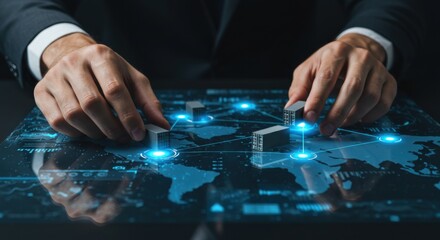 Man moving shipping container on virtual world map, global trade, logistics transportation network technology, international freight import export.