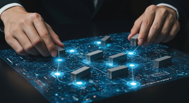 Man's hand placing miniature container on digital circuit board. Global logistics and supply chain management concept. Ship freight for business.